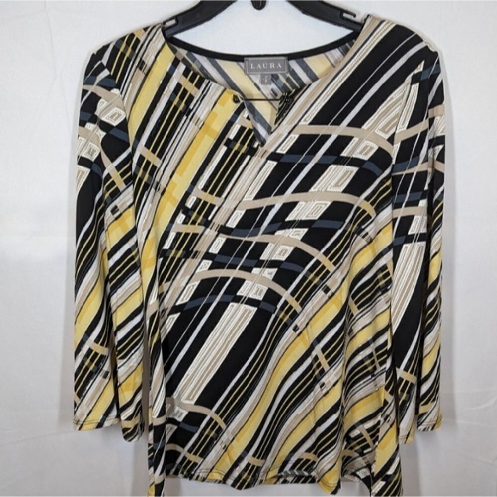 Laura Women's Abstract Print  Yellow and Black Top Blouse size S
